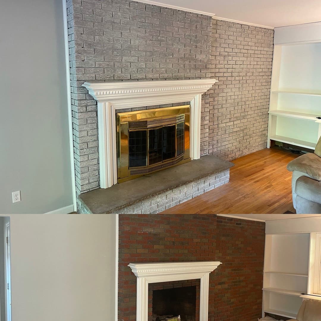 Fireplace transformation: before and after, showcasing updated brick design and elegant trim.