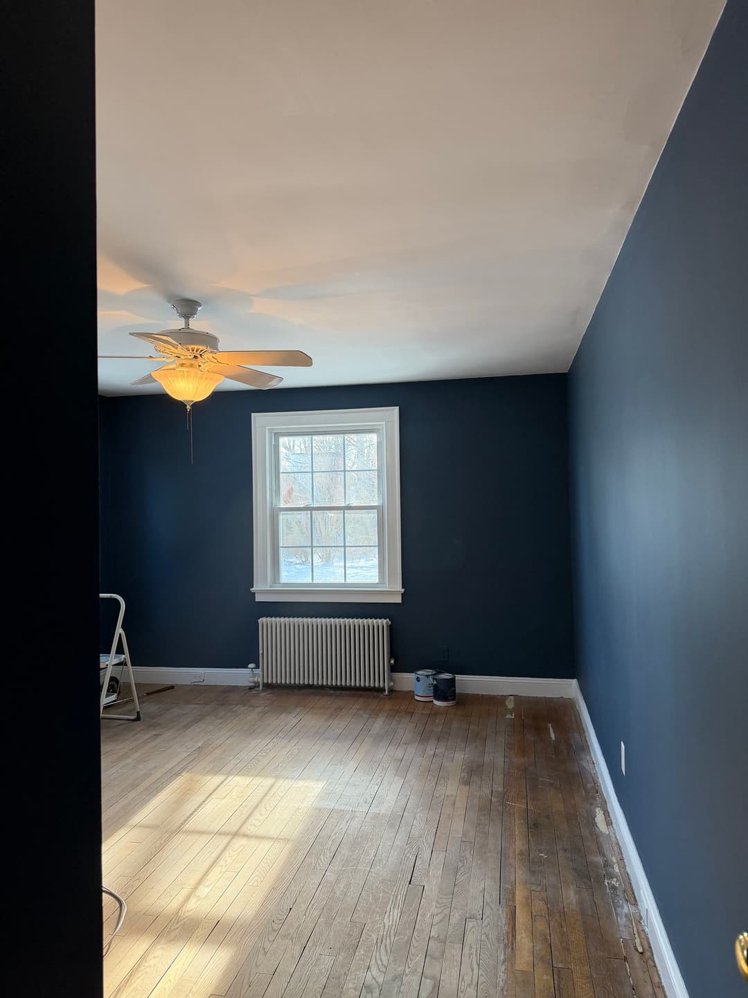 Empty room with dark blue walls, wooden floor, window, and ceiling fan.